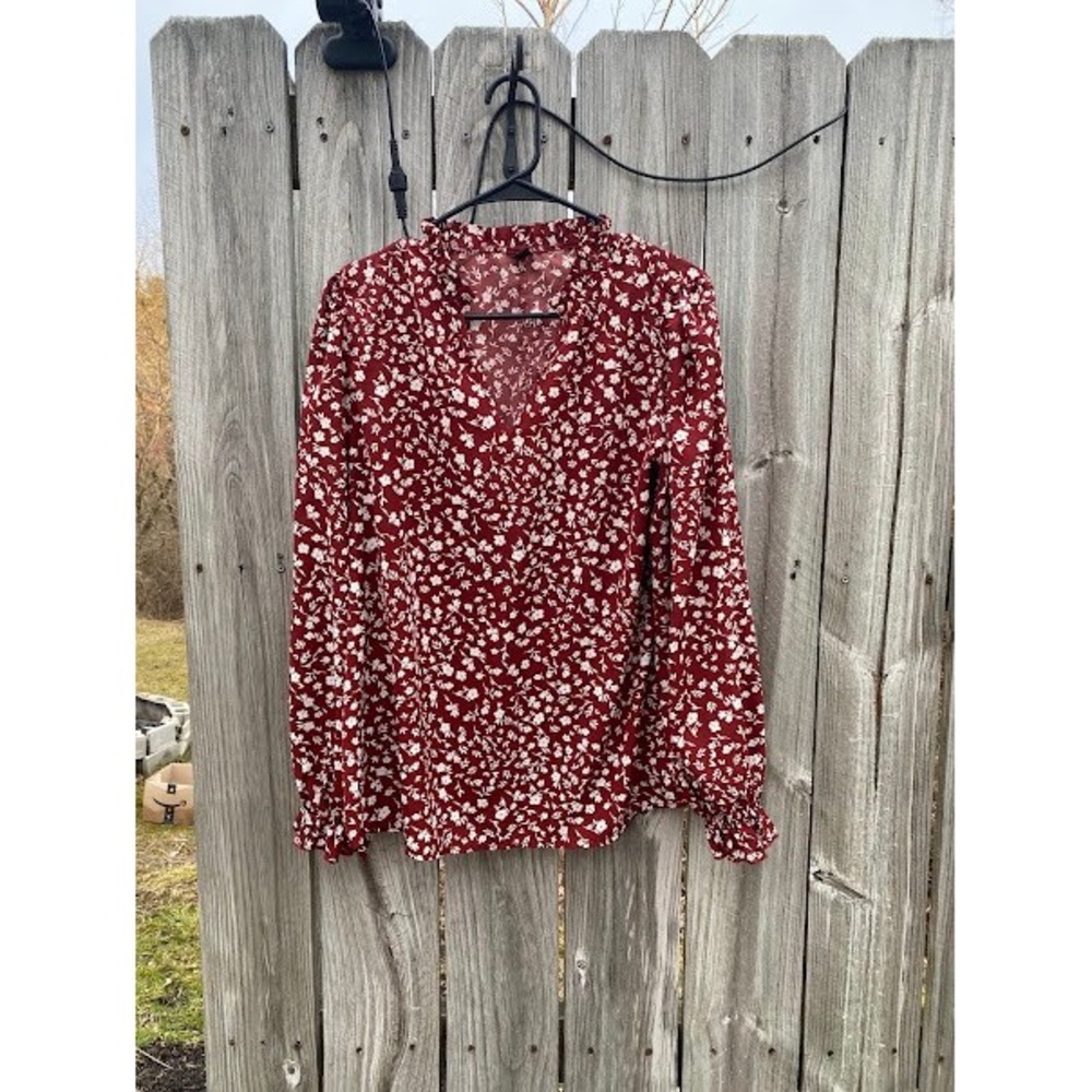 SHEIN Burgundy Floral Ruffle Neck V-Neck Blouse Long Sleeve Top Large